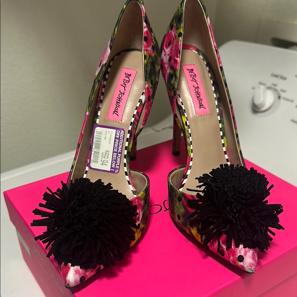 Betsey Johnson Pink and Black Heels with Pom-Pom Embellishment